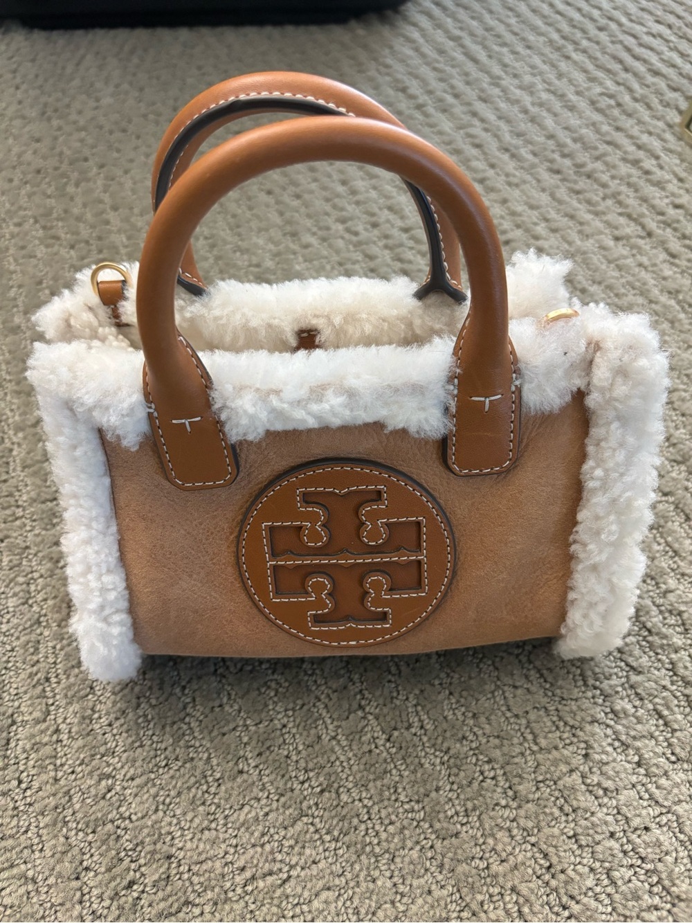 Tory Burch Chestnut Suede Mini Satchel with Cream Shearling Trim